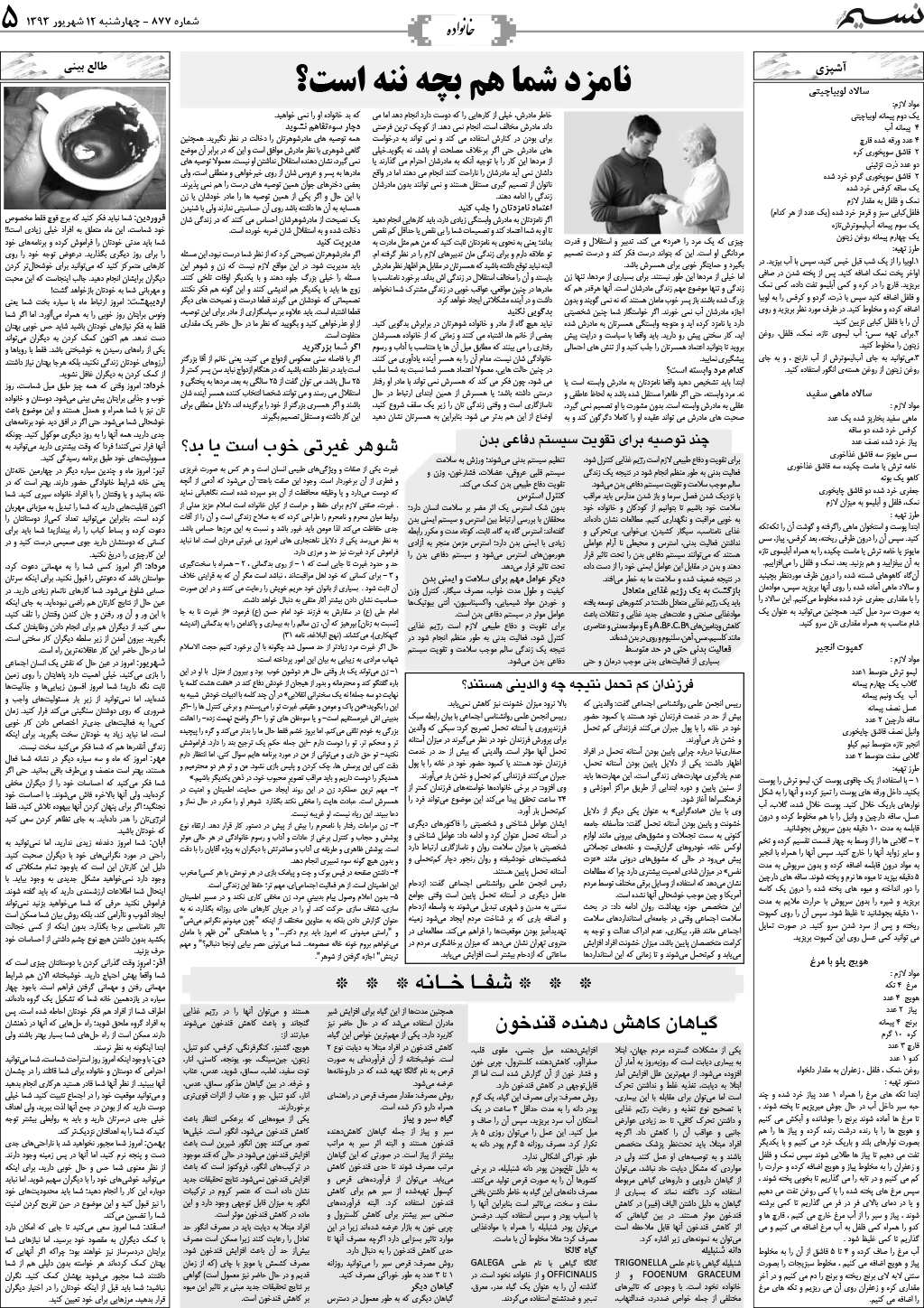 صفحه خانواده روزنامه نسیم شماره 877